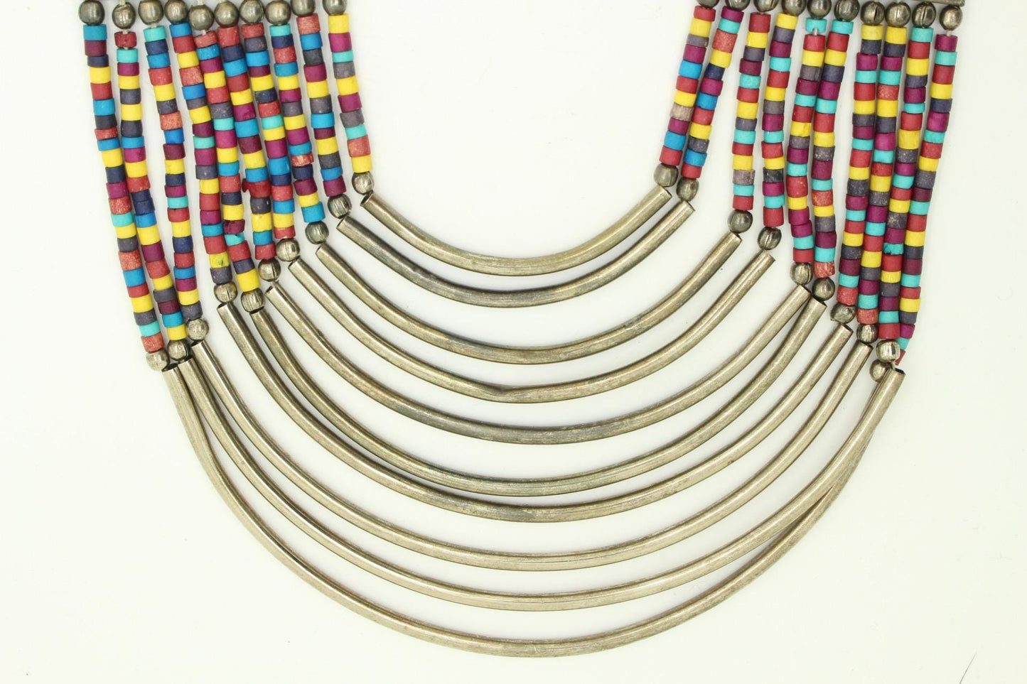 Y2K vintage massive statement Masai style beaded chain necklace. Multi coloured beads with concentric semi circle metal crescents. NOS