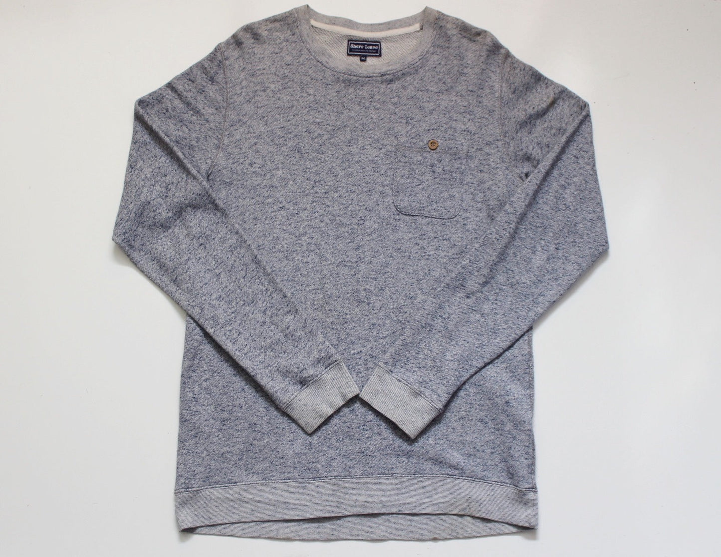 Shore Leave grey fleck long sweatshirt. Crew neck pullover with outside chest pocket. Pure cotton round neck mens jumper