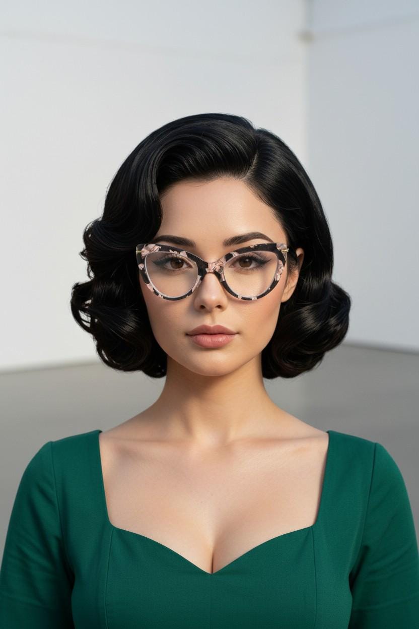 Dynamic pointed cat eye glasses. Transparent chunky cateye optical frame with pink and grey abstract pattern. Vintage Prescription RX
