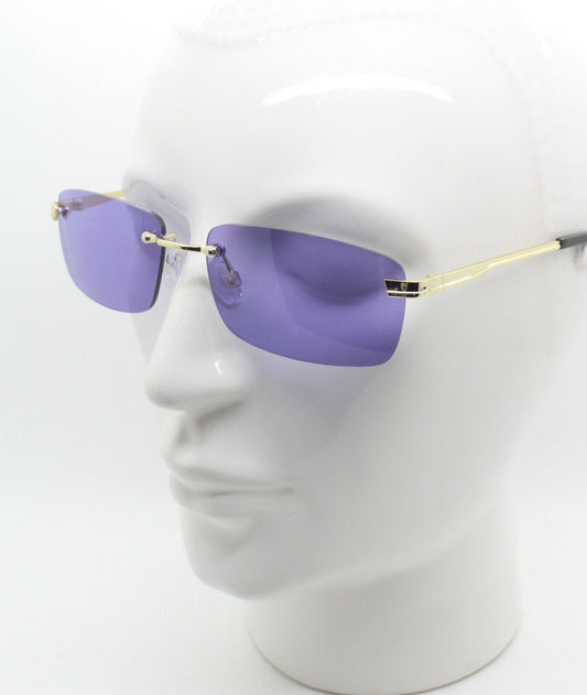 Y2K vintage frameless purple sunglasses. Rectangular lenses with gold bridge and arms. 2000s club kids. 00's. 90s Rave