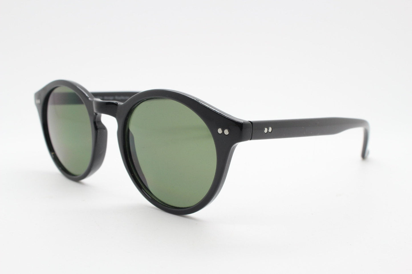 90s vintage small round sunglasses. 30s, 20s horn rim design black gloss frame with contrasting green lenses. BNWT. NOS