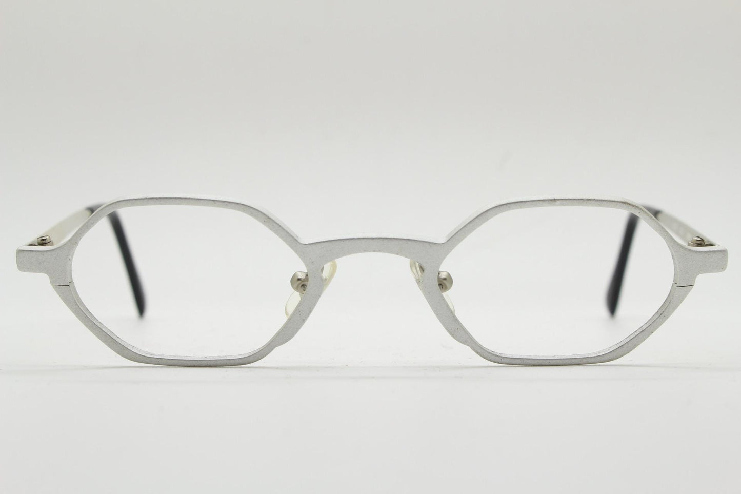 Guess 90s vintage hexagon eye glasses. Minimal matt silver micro style optical frames. Uber tech fashion. Prescription RX. Steampunk