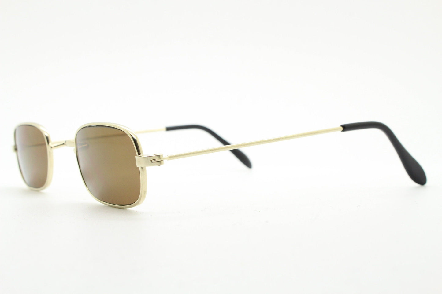 80s vintage rectangular low profile metal sunglasses. Minimal 60s mens mod design in gold chrome frame with brown lenses. NOS