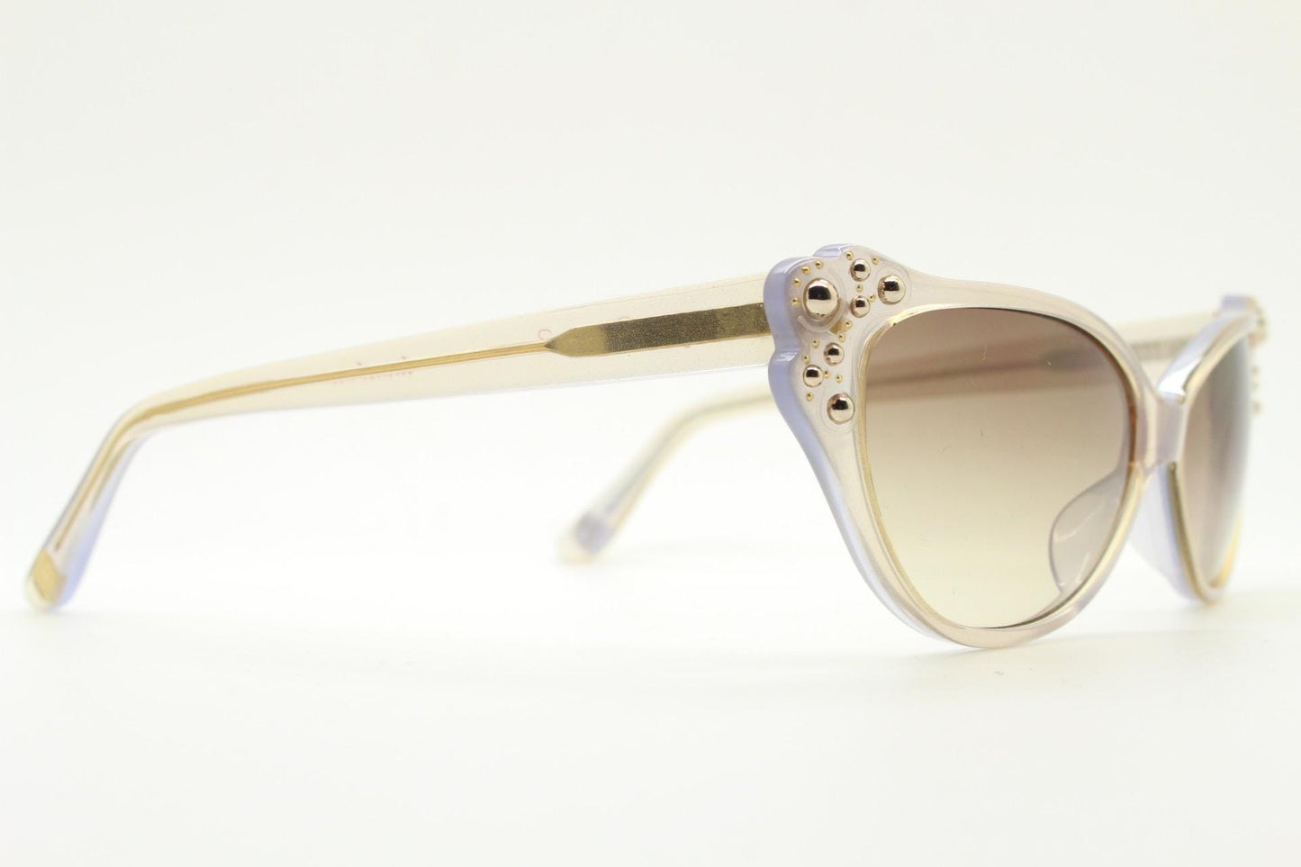 Agent Provocateur cateye sunglasses made in Japan by Linda Farrow. Womens beige glitter frame cat eye with gold studs. NOS vintage