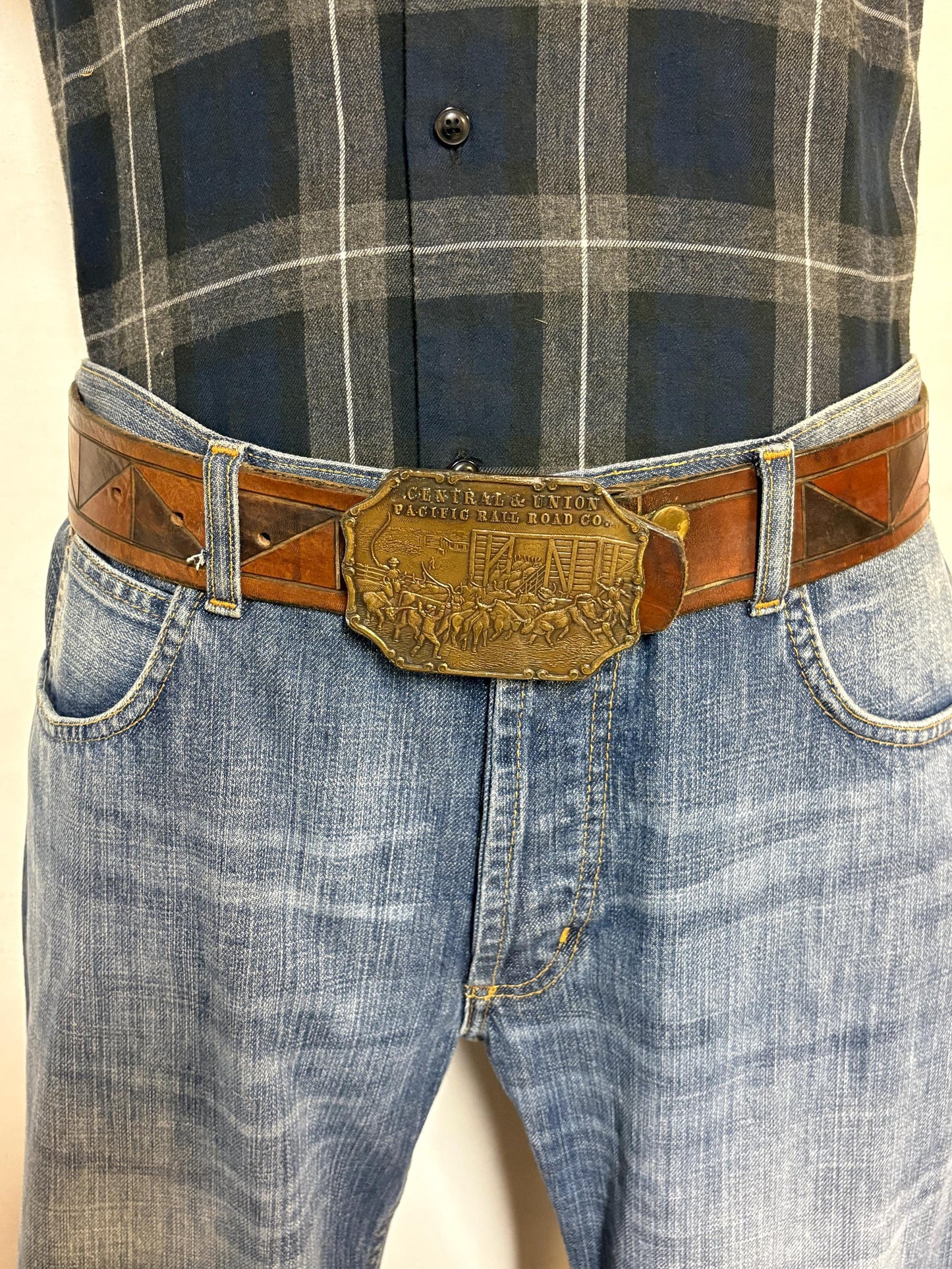 70s vintage brown triangles genuine leather western cowboy belt with big brass changeable buckle. Union Pacific Railroad. Thick cowhide.