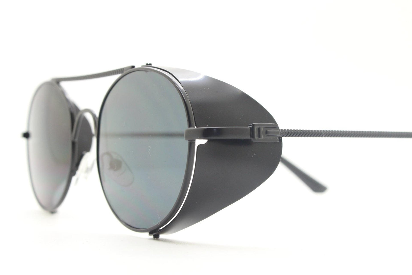 90s vintage round goggle sunglasses. All metal black satin frame with folding side blinkers. Spoilers. Steampunk. Cosplay. NOS