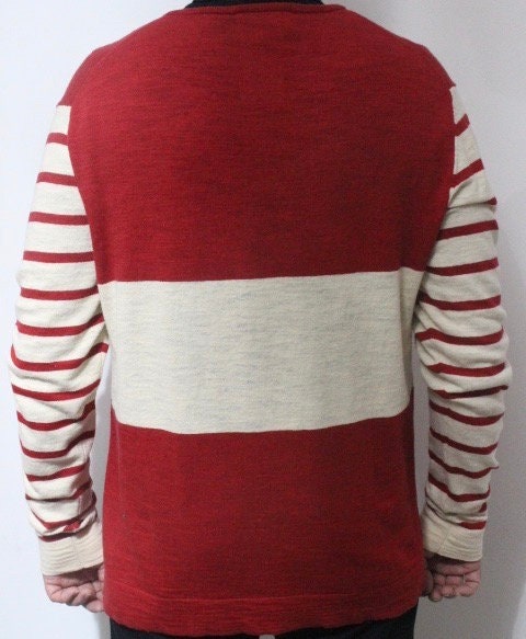 YMC vintage knit jumper in red and white stripes. Mens 3 button round neck sweater. BNWT. Designer pullover. One off NOS sample. Breton
