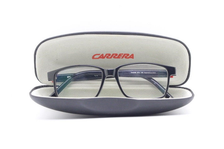 Carrera rectangular glasses. Black and white layered acetate optical frames. Prescription eyeglasses. Vintage RX spectacles