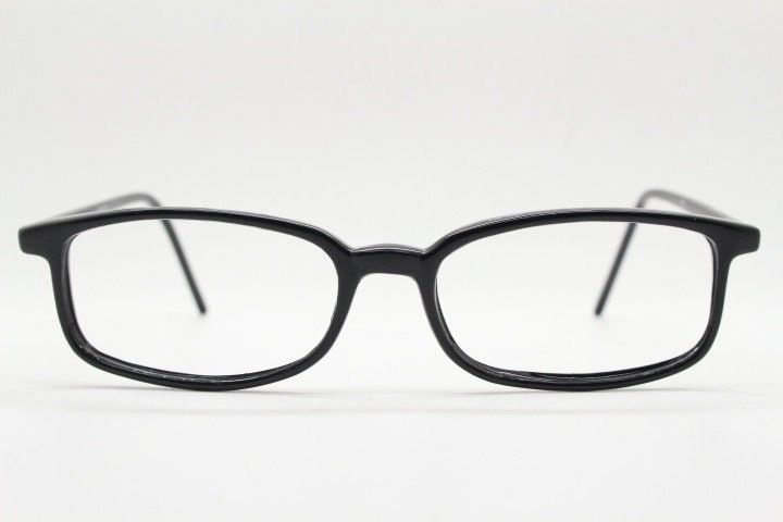 90s vintage modified wayfarer design eye glasses. Black low profile slim optical frames. Prescription eyeglasses. RX Spectacles. NOS