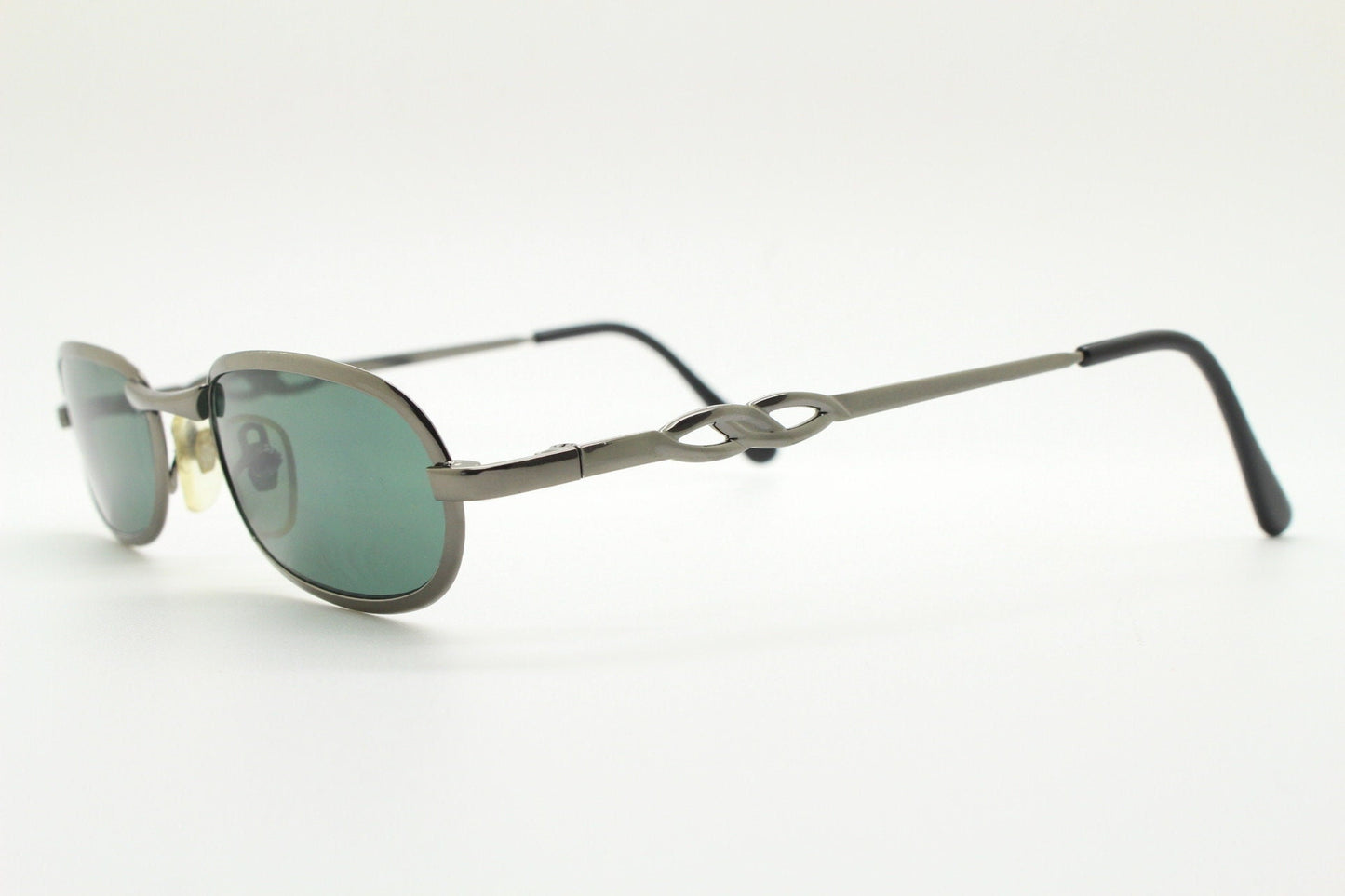 90s vintage oval solid metal sunglasses. Minimal gunmetal grey chrome frame with dark green lenses. Steampunk. Micro. Unused NOS
