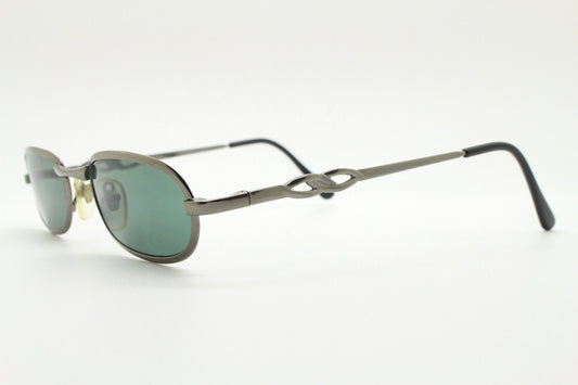 90s vintage oval solid metal sunglasses. Minimal gunmetal grey chrome frame with dark green lenses. Steampunk. Micro. Unused NOS