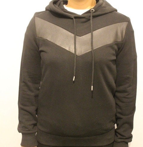 Diesel Timeless fitted pullover hoody sweatshirt. Womens all black hooded jumper with real leather V panel. BNWOT production sample Size S