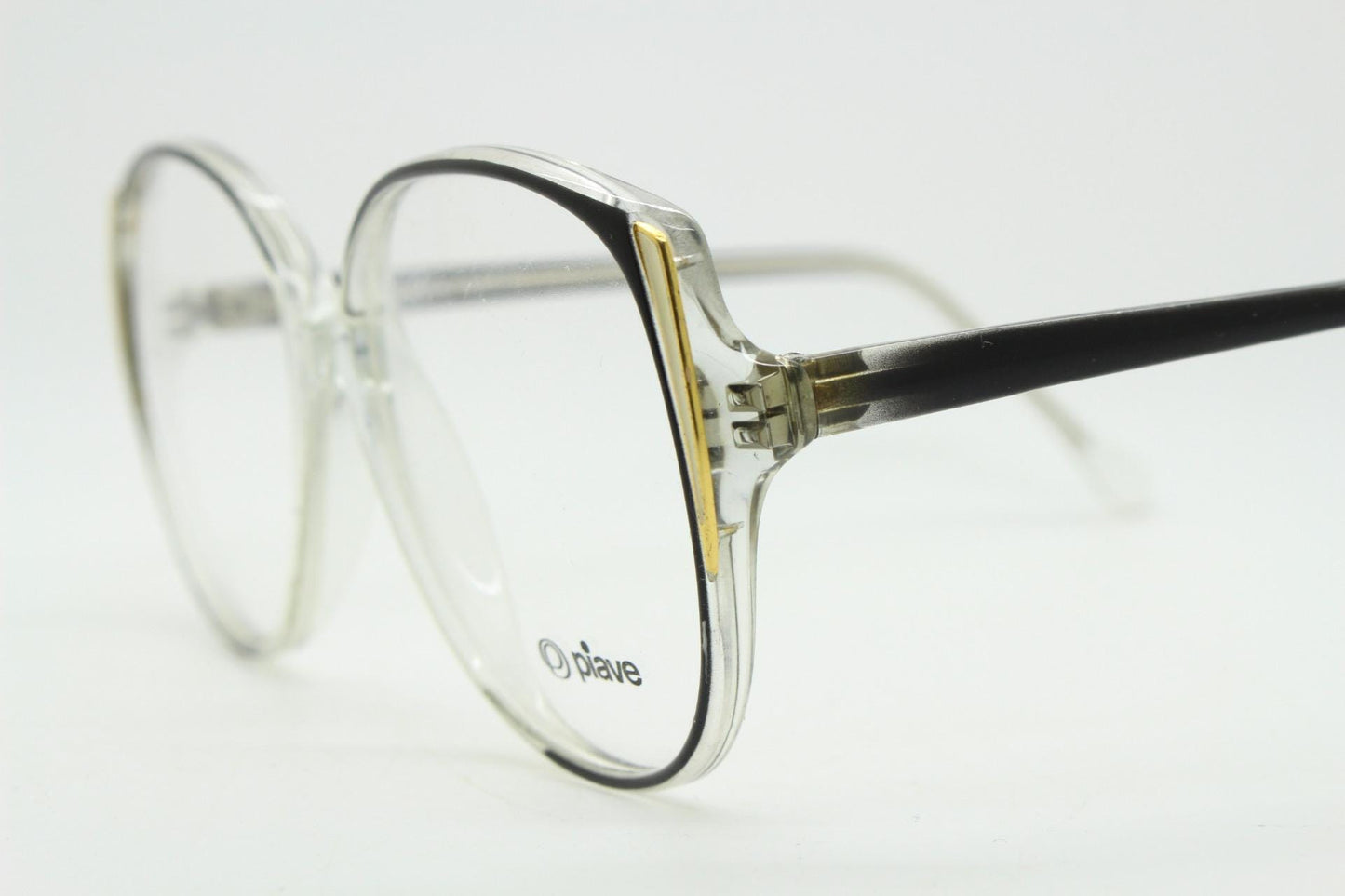 Piave 80s vintage oversized round cat eye glasses. Transparent clear optical frame with black and white overlay. Prescription NOS cateye