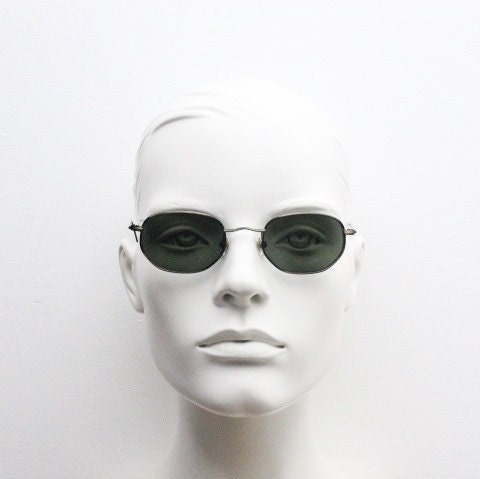 90s  vintage metal oval sunglasses. Minimal brushed brown bronze finish slim wire  frame with green lenses. Steampunk. Unused NOS