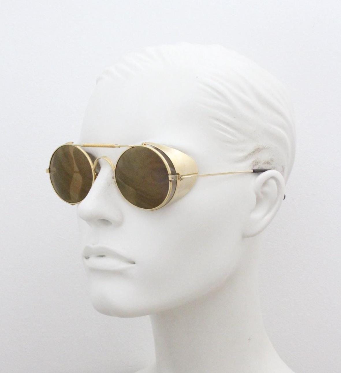 Farrows by Linda Farrow vintage 80s goggle sunglasses model 365. Gold chrome glacier design with matching mirror lenses. Blinkers. NOS