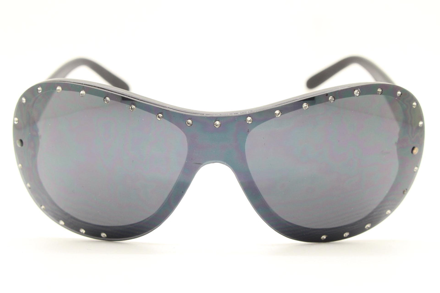 Y2K vintage visor aviator sunglasses with diamante. Black wrap around mini mask shield design with curved mono lens. 2000s NOS. Rhinestone