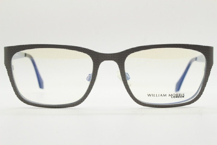 William Morris London rectangular eye glasses. Grey flat metal optical frames with textured check surface. Prescription RX eyeglasses