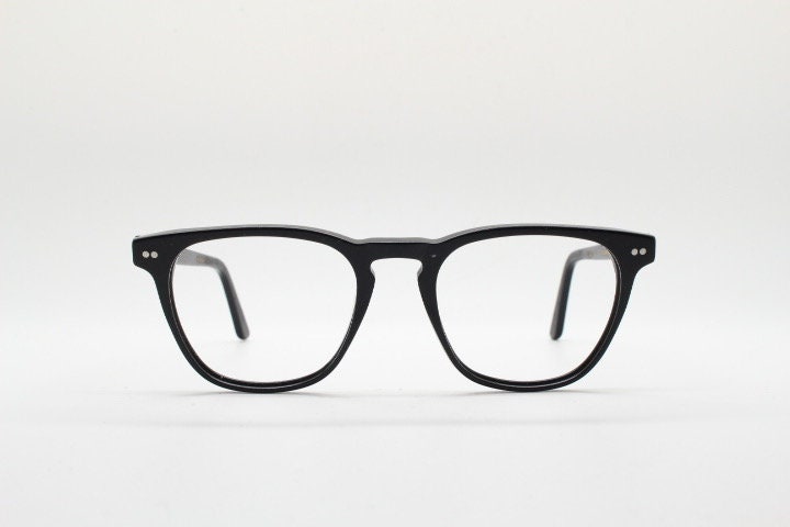 Ace and Tate slim wayfarer design eye glasses made in Italy. Plain black gloss acetate optical frames. Prescription RX