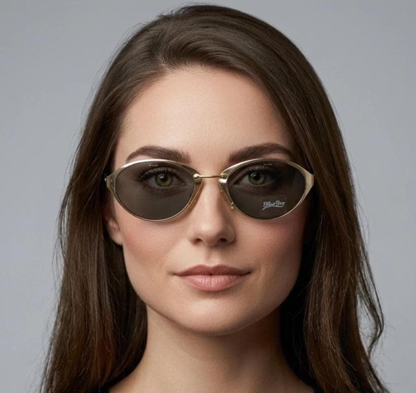 Blue Bay 90s vintage oval cat eye sunglasses made in Italy by Safilo. Dynamic gold chrome finish with contrasting dark lenses. NOS with tag