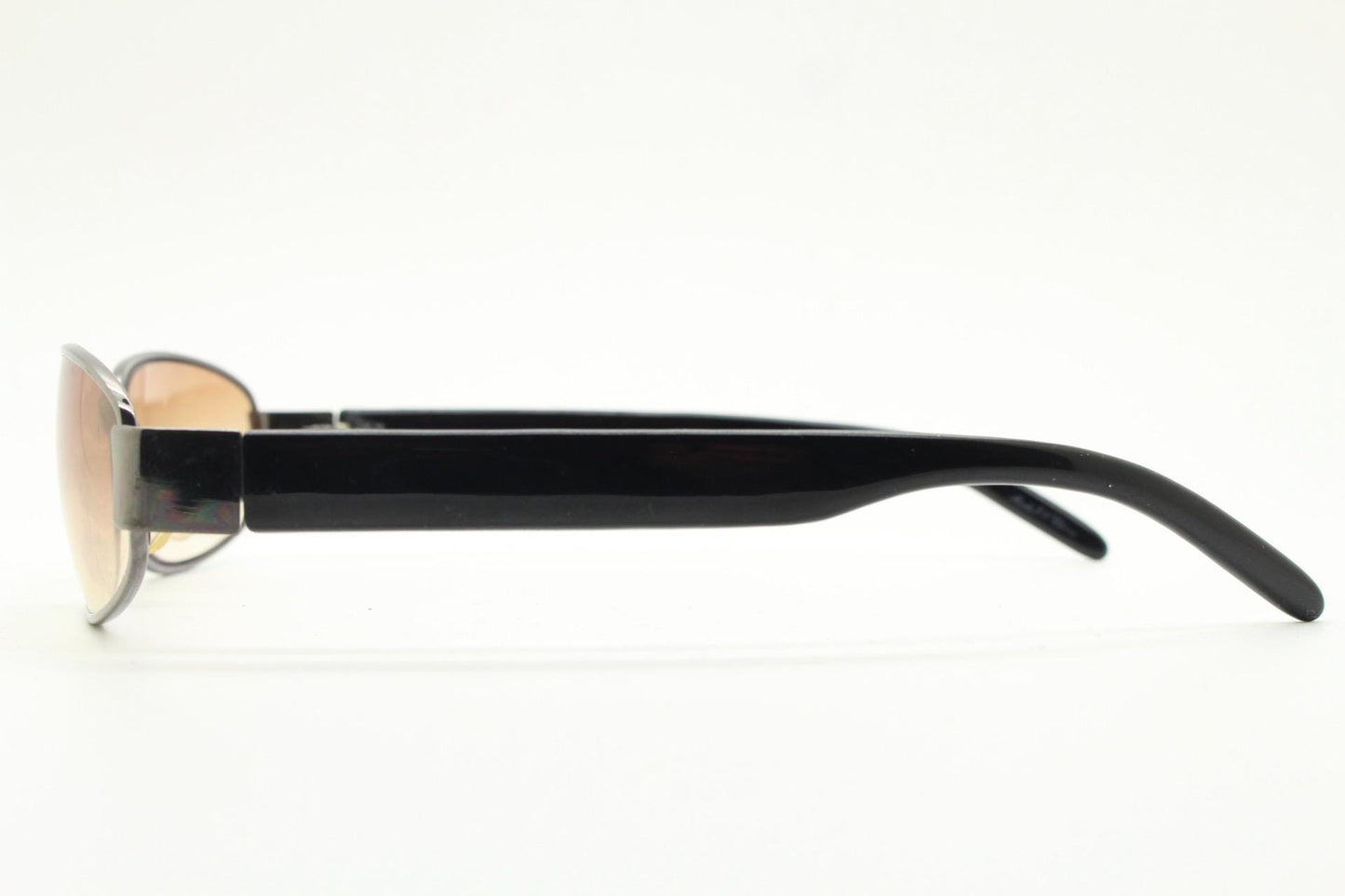 90s vintage oval sunglasses small bug eye with light tone lenses. Satin finish brown metal frame with black arms. 2000's. NOS