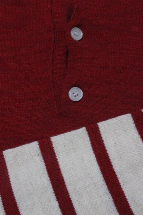YMC vintage knit jumper in red and white stripes. Mens 3 button round neck sweater. BNWT. Designer pullover. One off NOS sample. Breton