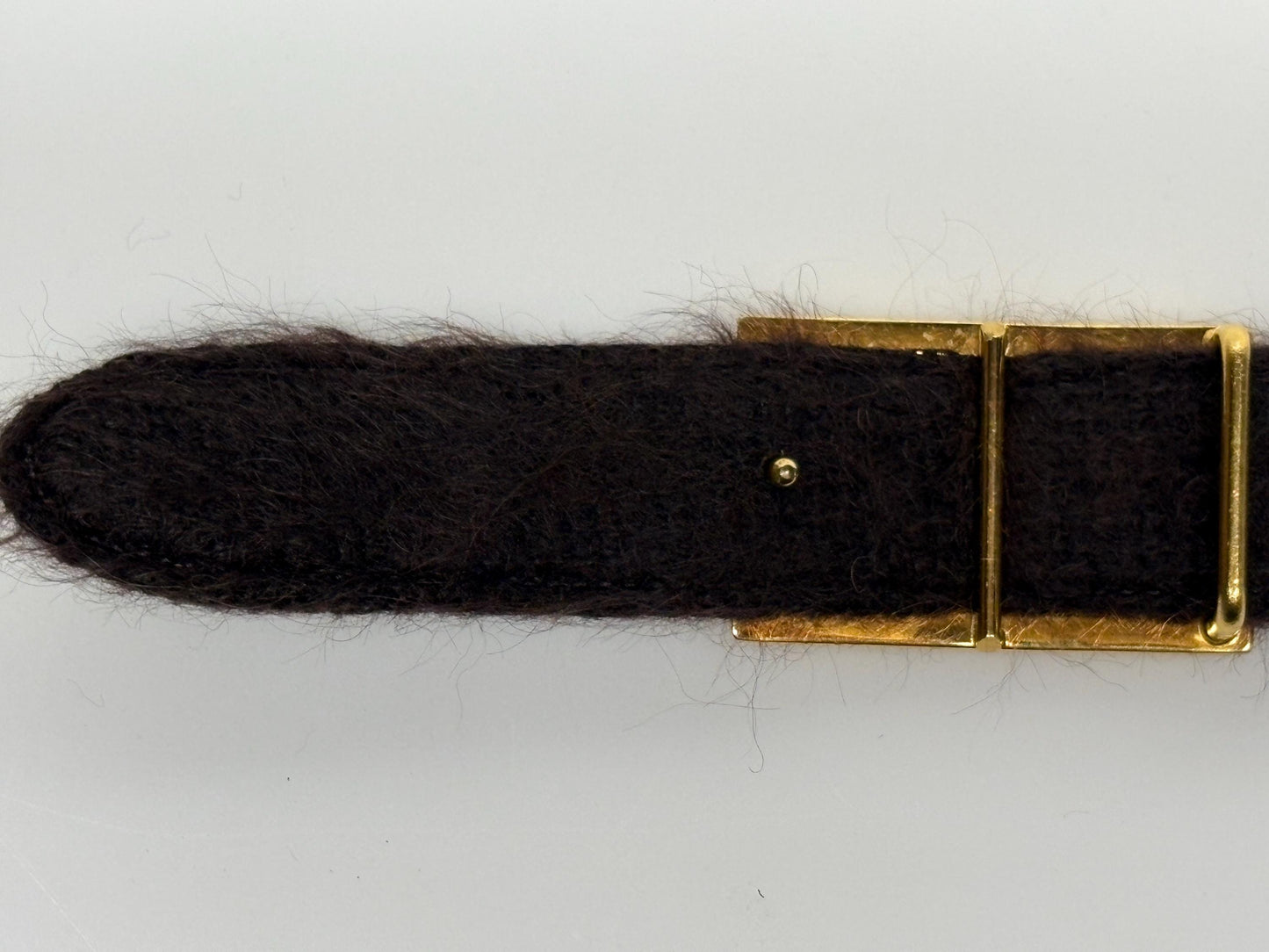 Y2k vintage womens feature belt by Njal of Milan. Luxury brown fuzzy mohair with gold buckle. To wear on a dress. 2000s NOS