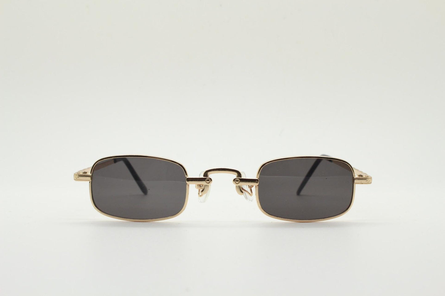 90s vintage small rectangular sunglasses. Imposing minimal gold metal victorian style frame with black lenses. Steampunk. Unused BNWT