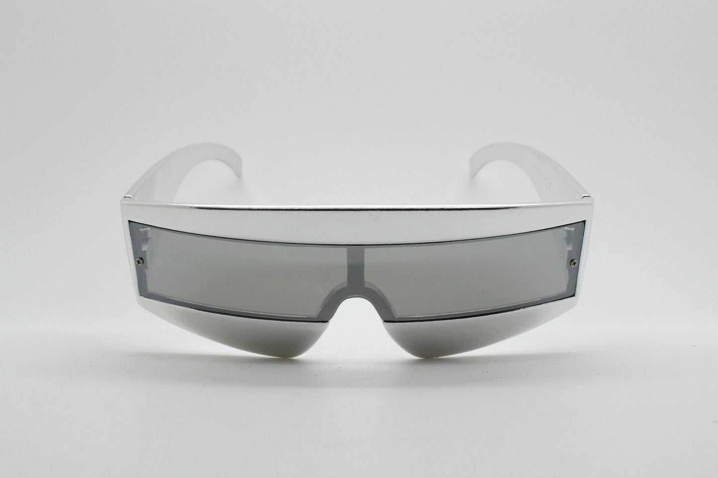 Y2K vintage square visor sunglasses. All silver 80s style robot shield design mirror mono lens with full height arms. 2000s mask. NOS BNWT