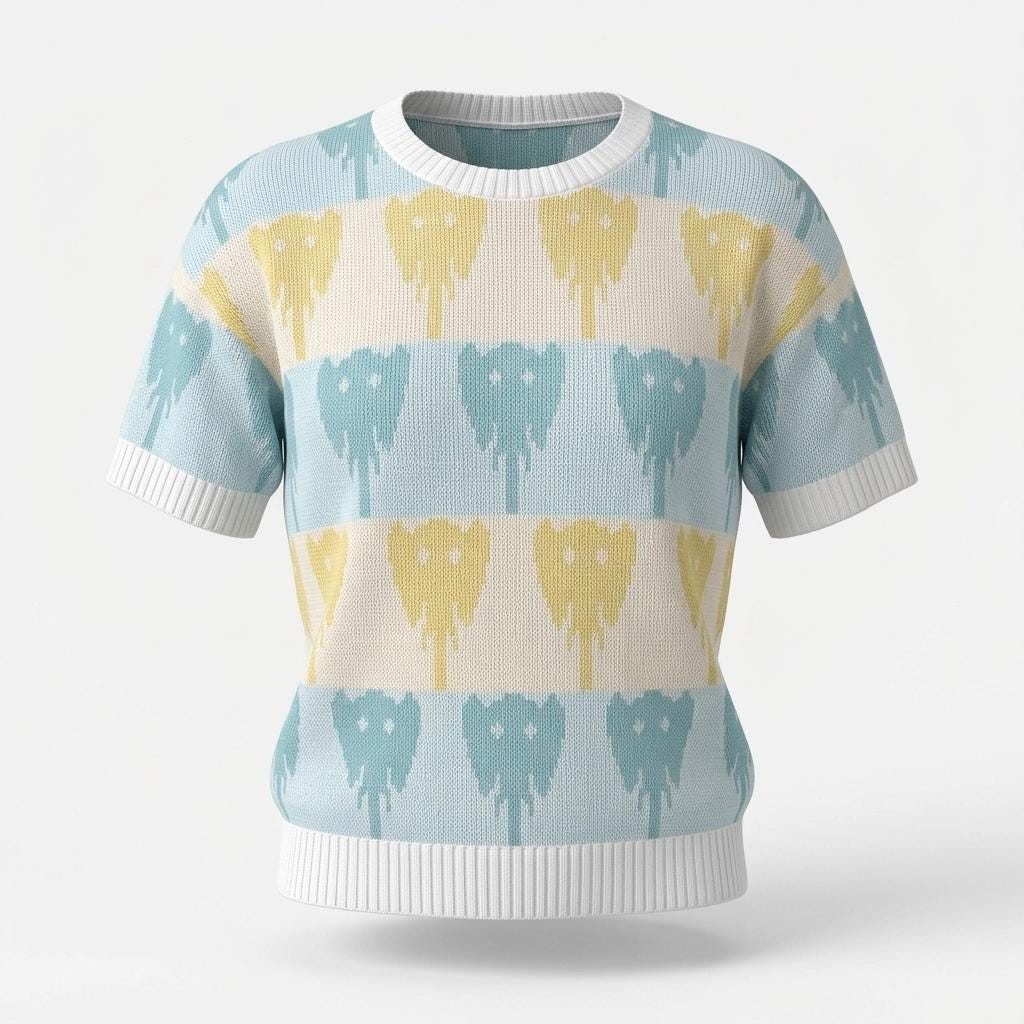 Charming elephant head short sleeve knitted top. White 80s vintage patterned jumper. Womens crew neck sweater. Knit pullover