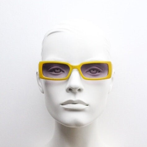 Y2K vintage rectangular shield sunglasses. Low profile canary yellow wrap around frame with quilt effect arms and ombre lenses. NOS. 2000s