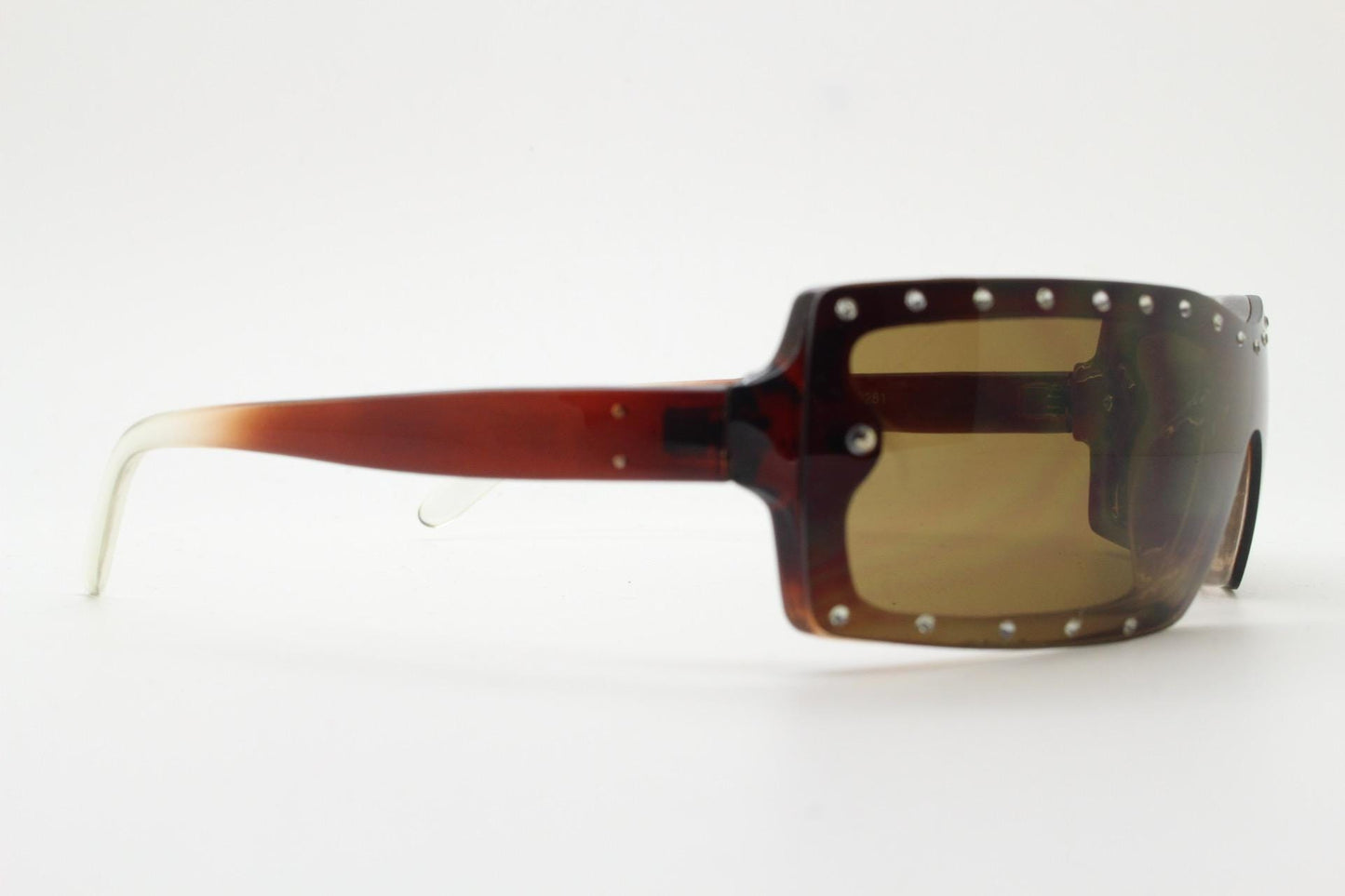Y2K vintage shield sunglasses with diamante. Brown wrap around mini mask style with curved mono lens. 2000s unused NOS. Visor