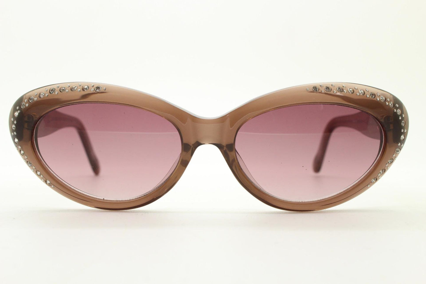 Agent Provocateur oval cateye sunglasses made in Japan by Linda Farrow. Womens transparent brown frame cat eye with diamante. NOS vintage