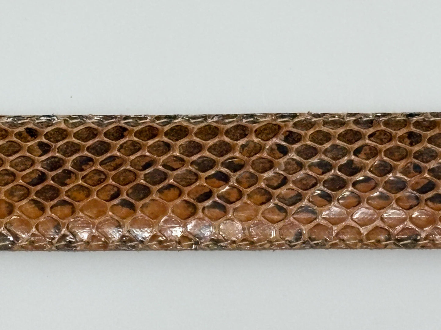 Pierre Cardin 80s vintage belt in genuine snakeskin with neat sized rectangular enamelled black and brown striped buckle. Made in Italy