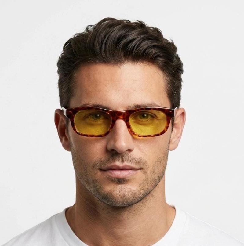 80s vintage rectangular sunglasses. Low profile 60s design tortoise frame with psychedelic light tone canary yellow lenses. BNWT Unused NOS