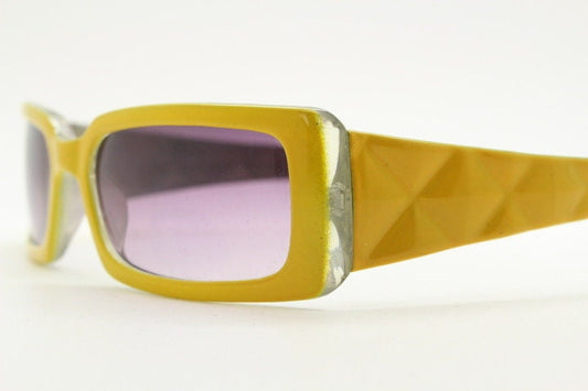Y2K vintage rectangular shield sunglasses. Low profile canary yellow wrap around frame with quilt effect arms and ombre lenses. NOS. 2000s