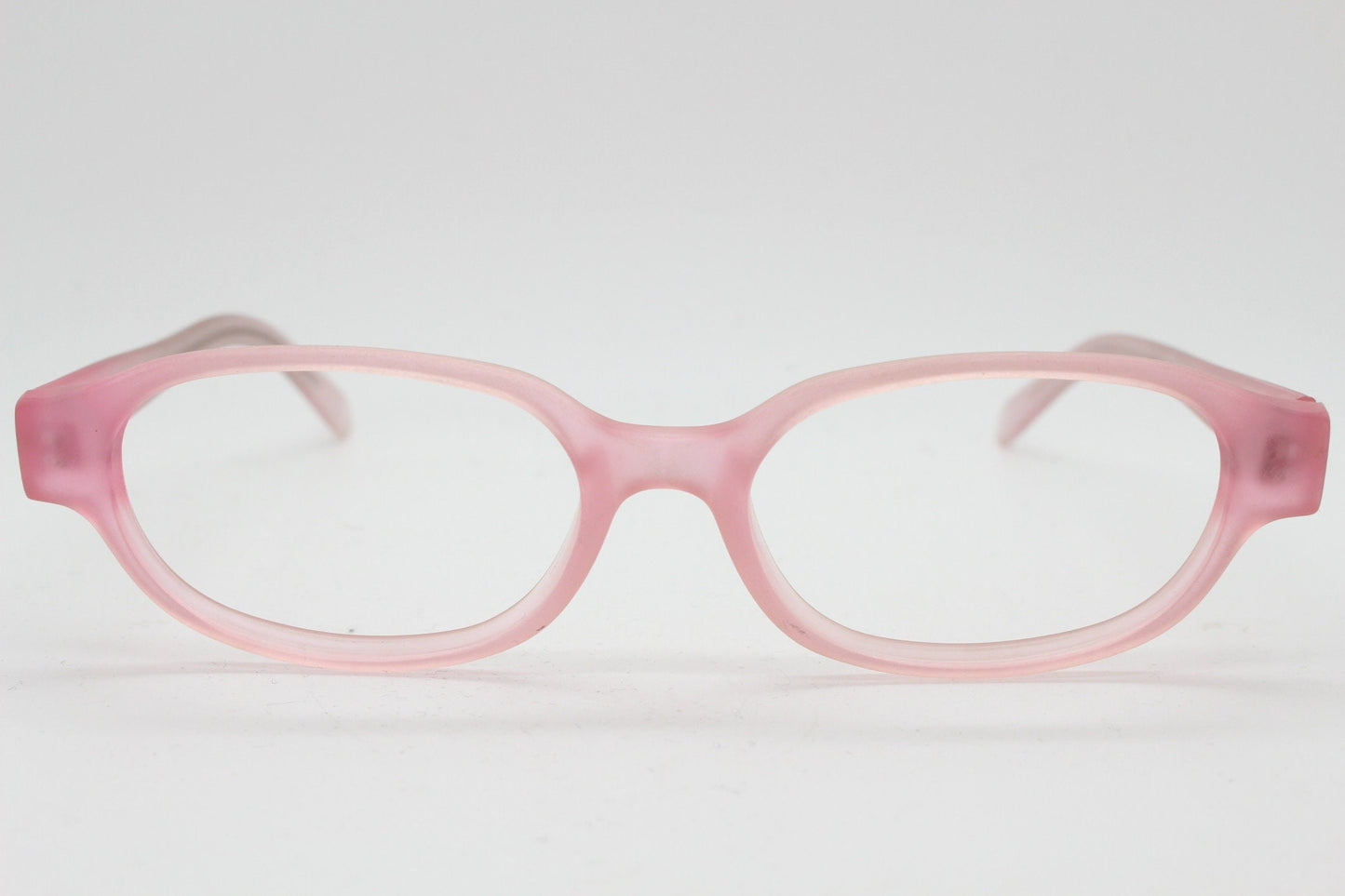 90s vintage rectangular low profile glasses. Transparent pink frosted finish optical frames. Prescription eyeglasses. RX Spectacles