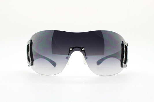 Y2K vintage visor sunglasses. 2000's black wraparound mono lens shield design with big diamante effect crest. 00s uber fashion mini mask NOS