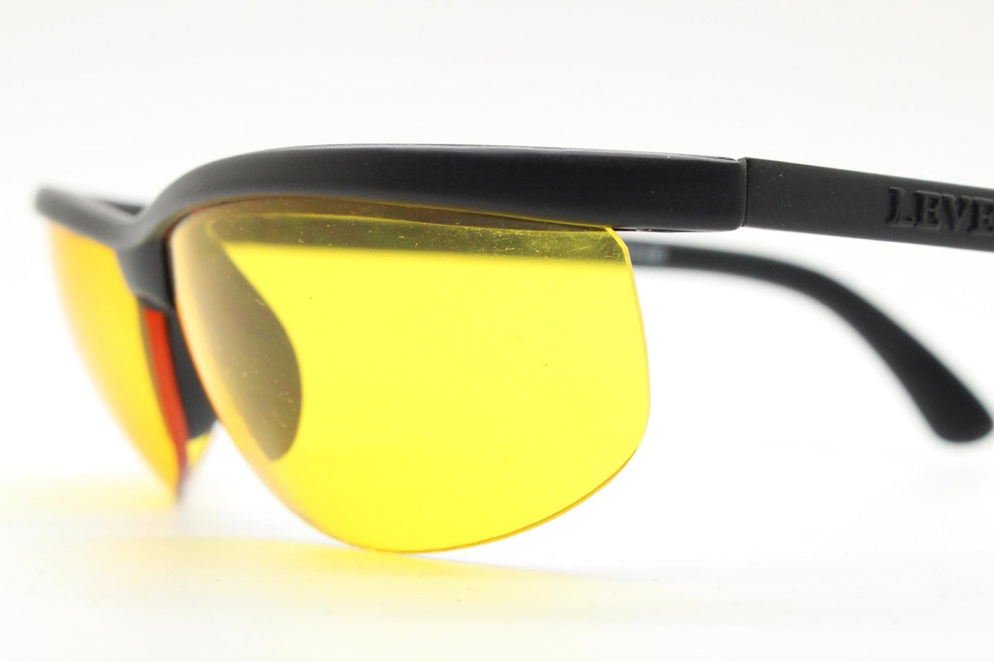 90s vintage half frame shield sunglasses. Thick matt black wrap around brow with intense orange bug eye lenses. Rave fashion grail. NOS