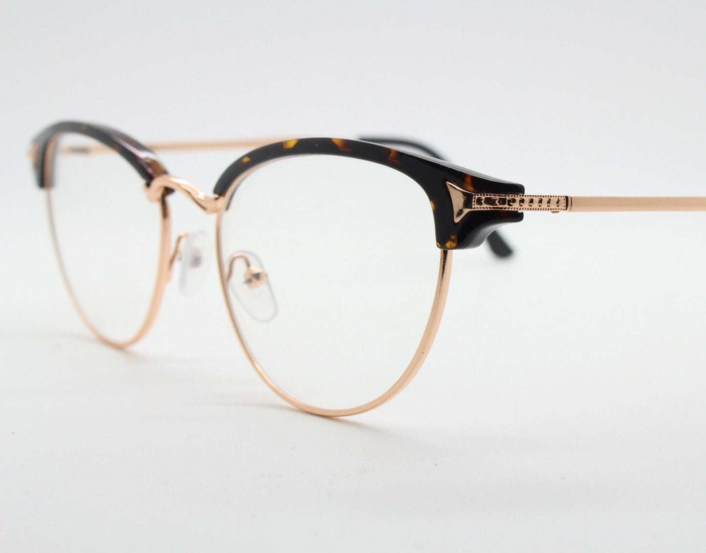 90s vintage browline cat eye glasses. Honey tortoise and gold half frame eyeglasses. 50s, 60s cateye design with clear lenses. NOS