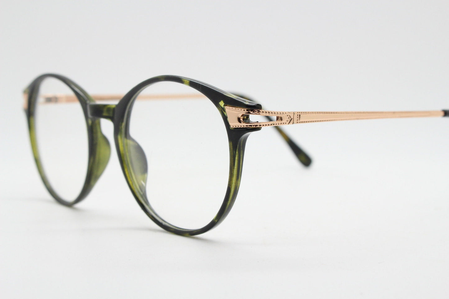 90s vintage round glasses with tortoise front and gold embossed arms. 40s, 50s style prescription optical frames. Clear lens eyeglasses. RX