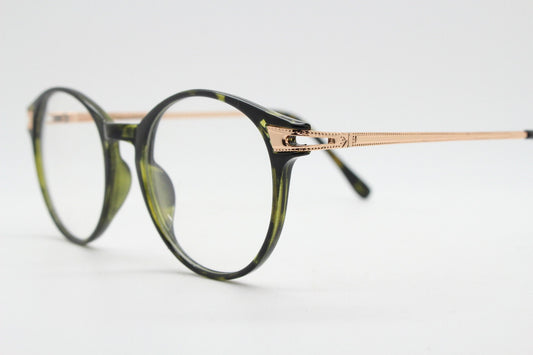 90s vintage round glasses with tortoise front and gold embossed arms. 40s, 50s style prescription optical frames. Clear lens eyeglasses. RX