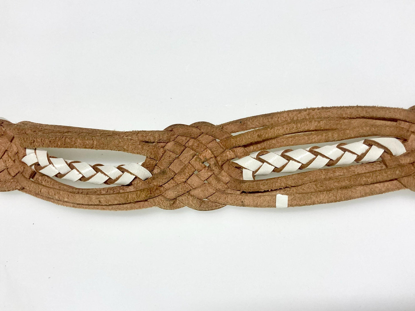 80s vintage womens white lattice dress belt with big flower 'shield' buckle. Genuine leather hand plaited design. Great condition NOS