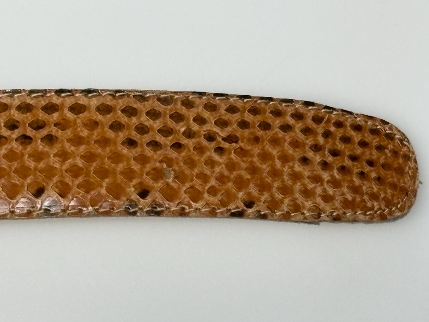 Pierre Cardin 80s vintage belt in genuine snakeskin with neat sized rectangular enamelled black and brown striped buckle. Made in Italy