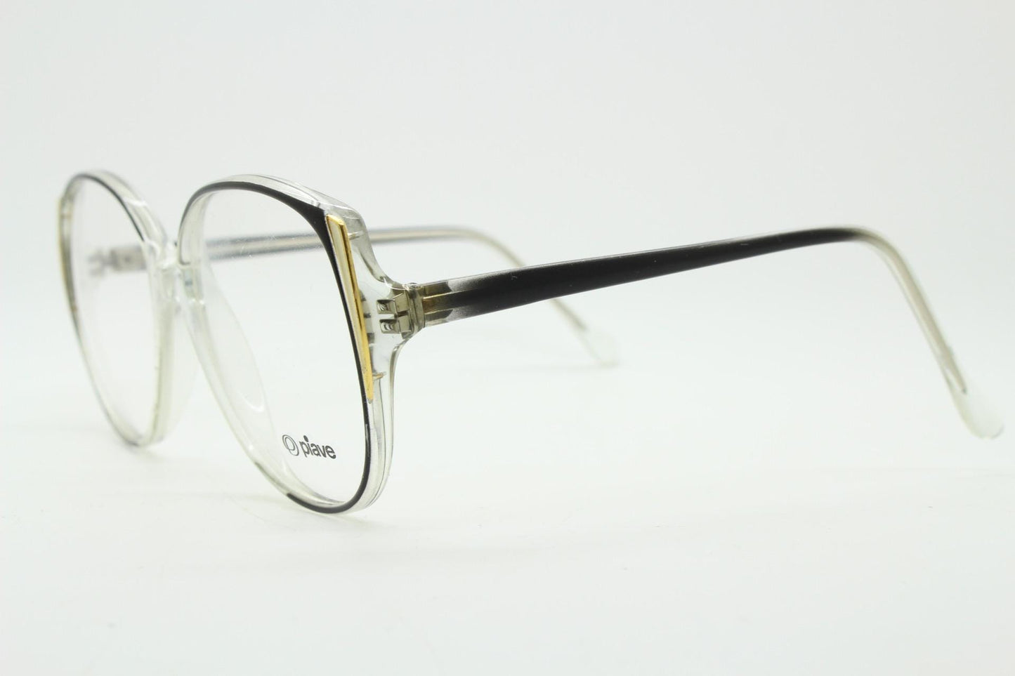 Piave 80s vintage oversized round cat eye glasses. Transparent clear optical frame with black and white overlay. Prescription NOS cateye
