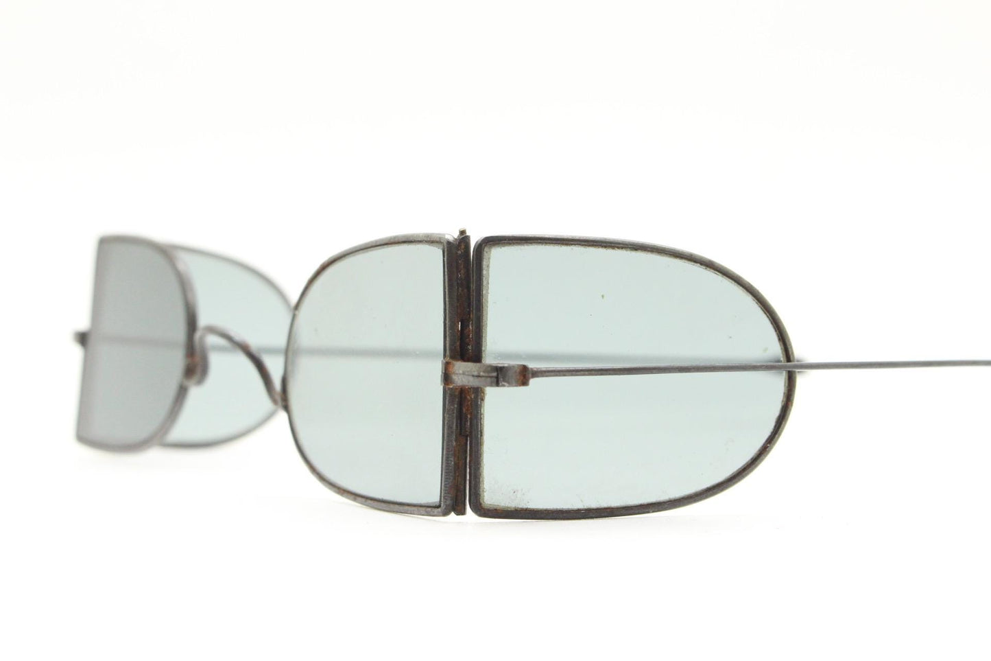 Victorian folding steel train driver sunglasses. Metal double D wire frame with  real glass lenses and side windows. Antique eyewear. VGC