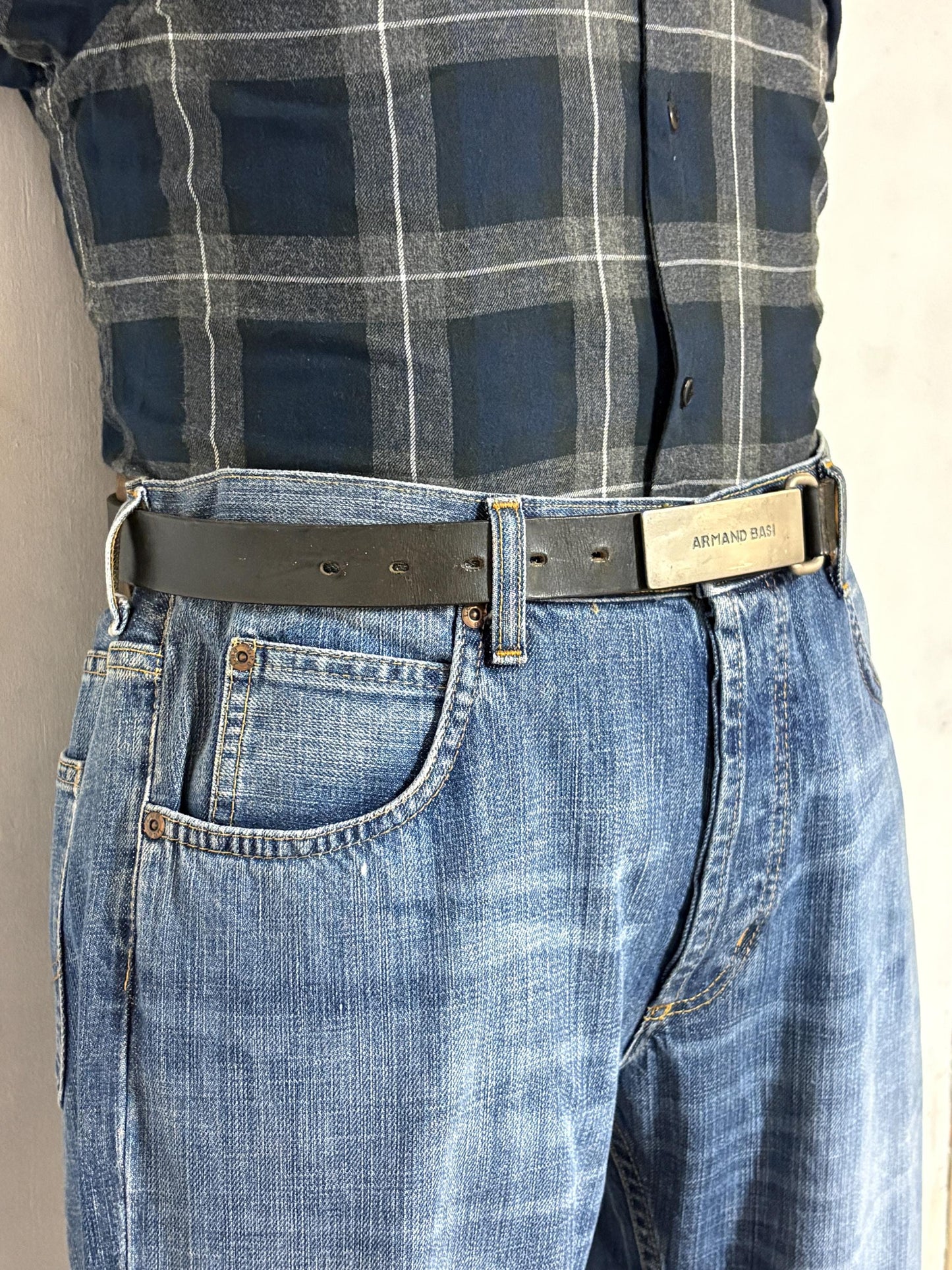 Armand Basi 90s vintage thick black genuine leather belt with distressed wide rectangular metal logo buckle. Single piece cowhide. Mens