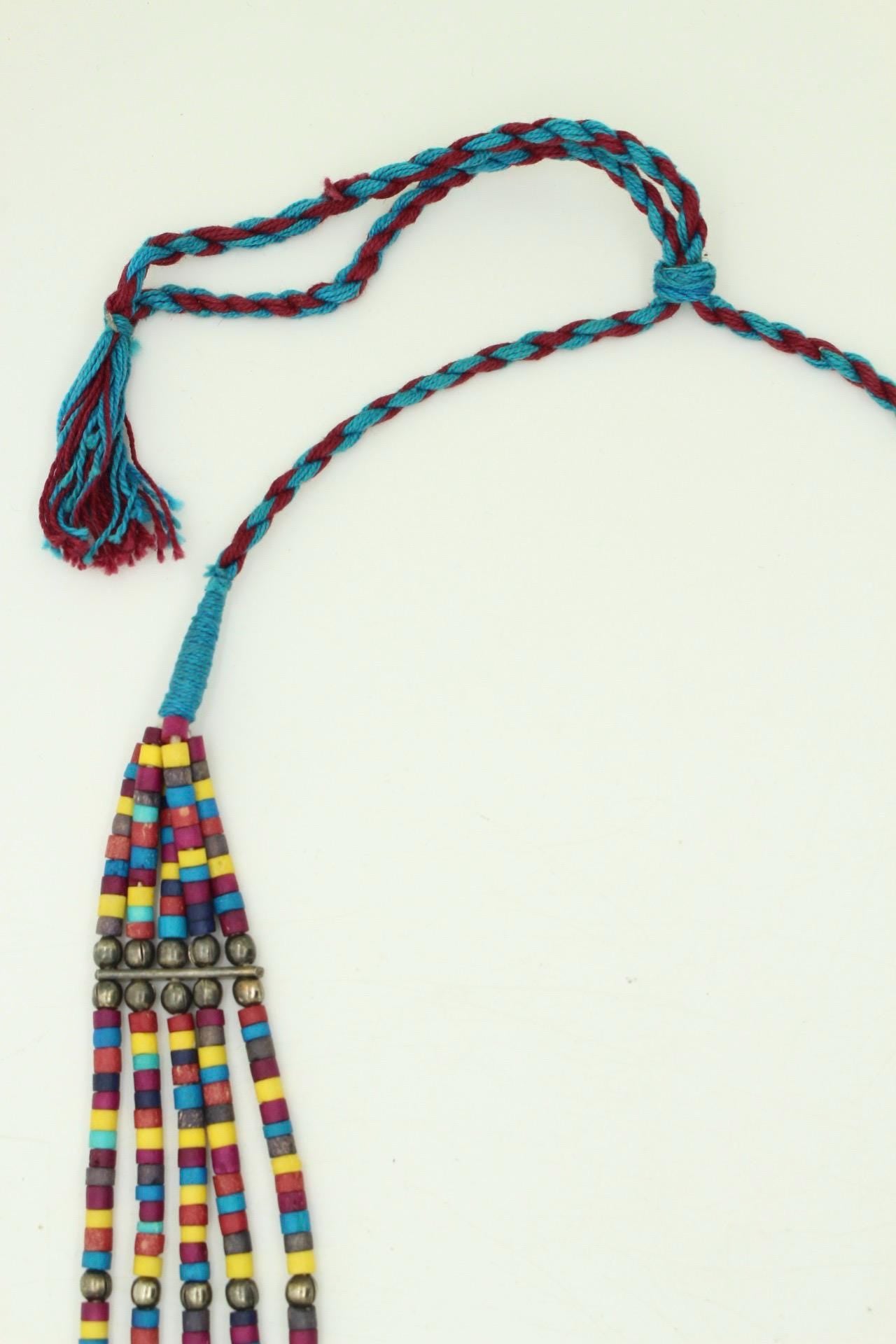 Y2K vintage massive statement Masai style beaded chain necklace. Multi coloured beads with concentric semi circle metal crescents. NOS