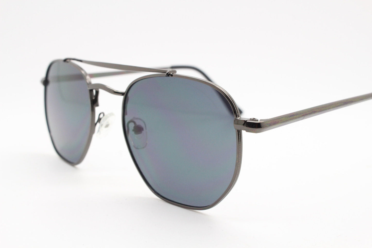 90s vintage modified aviator sunglasses, 6 sided soft angled metal frame in gunmetal with double bridge. Unused small aviators BNWT