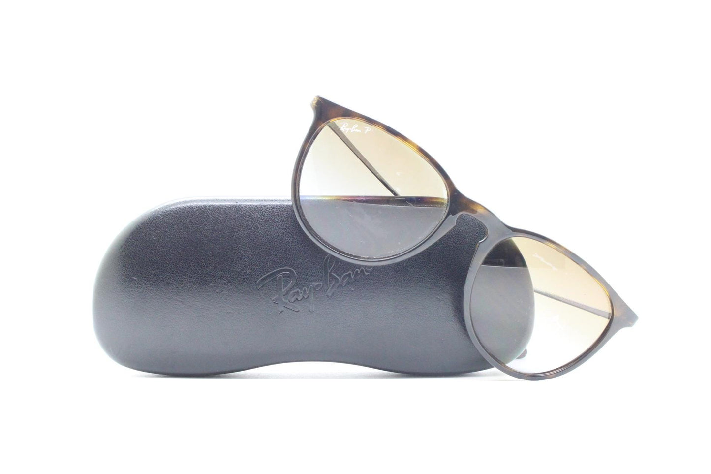 Ray Ban P horn rim sunglasses model 4171 made in Italy. Tortoise gloss lightweight frame with slim metal arms and graduating lenses. Vintage