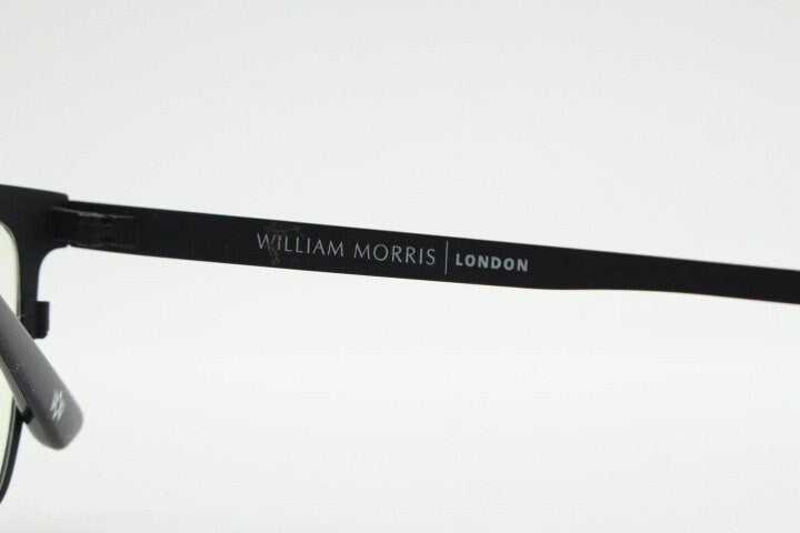 William Morris London rectangular eye glasses. Black matt flat metal optical frames with ornate silver pattern. Prescription RX eyeglasses.